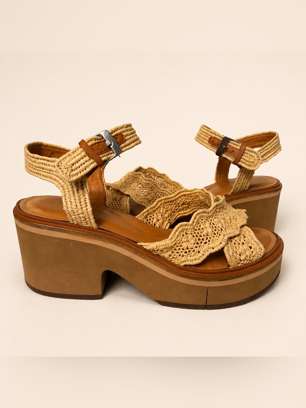 Robert Clergerie Charlize Raffia Platform Sandals EU 40.5 Beige $568 France - Picture 2 of 7